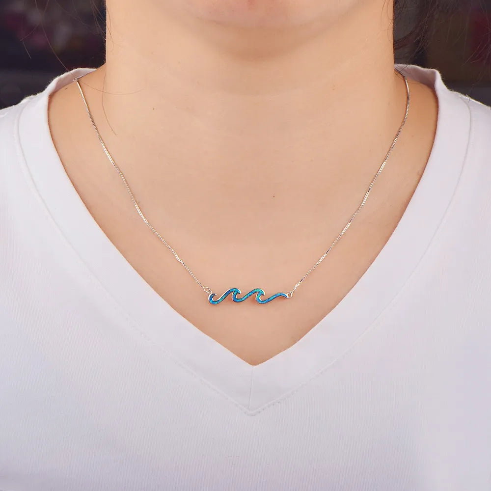 Aobao New Christian Copper Box Chain Opal Lariat Surf Necklace Hawaiian Style Water Wave Pendant Jewelry Wholesale Bestseller