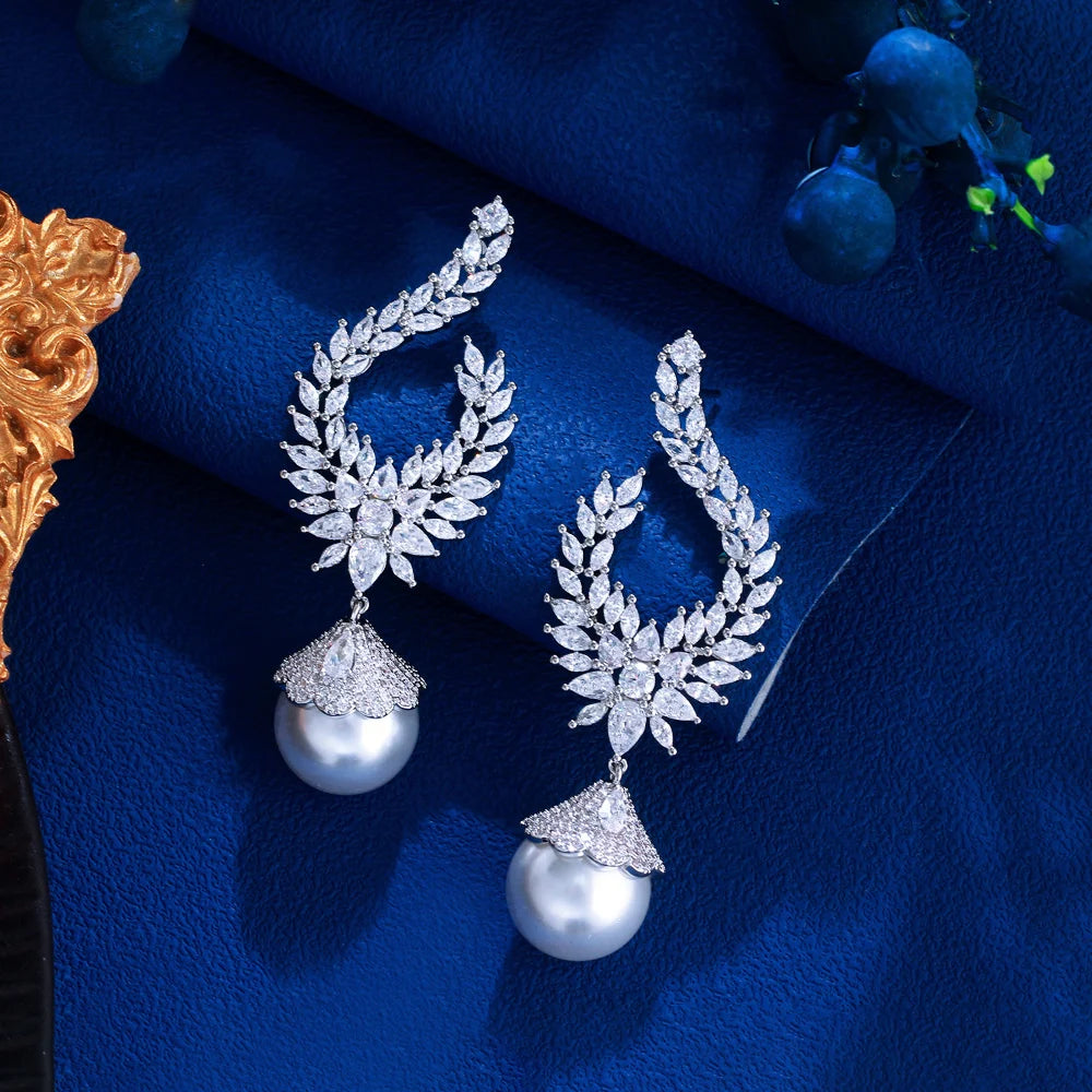 S&S White CZ & Pearl Bridal Long Dangle Drop Earrings – Marquise Cut – Rhodium Plated – Collection