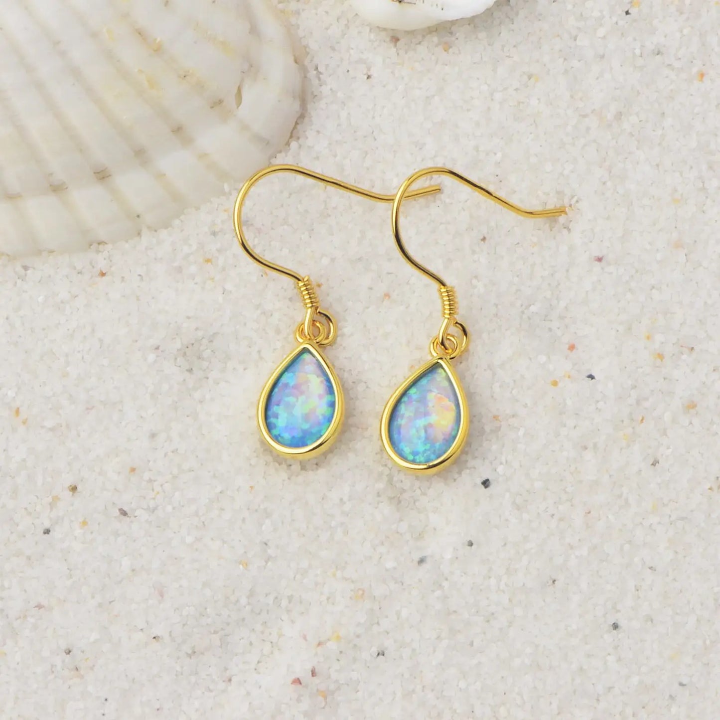 Gilded Teardrop Opal Drop Earrings - Iridescent Multi-Color Opal Inlaid | Retro-Chic Jewelry Bulk Gifts