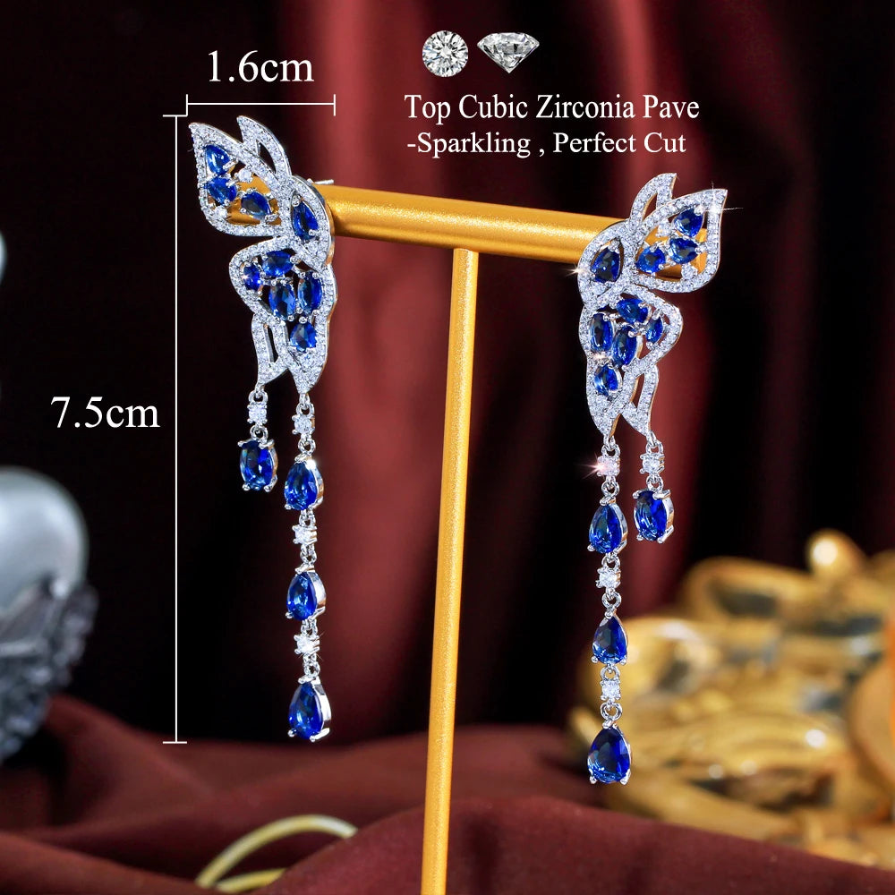 Pretty Royal Blue CZ Zirconia Symmetrical Wing Butterfly Shape Wedding Dangle Drop Earrings for Women Special Occasions Jewelry