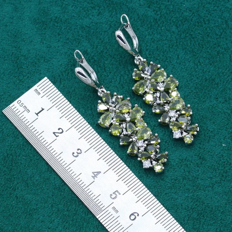 XOTICA 925 Silver Jewelry Set for Women Classic Style Olive Green White Zircon Earrings Necklace Engagement Wedding Christmas Gift