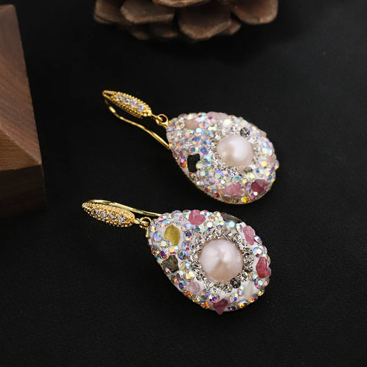Natural Baroque Pearl Inlaid Tourmaline Colored Earrings for Women Korean Classic Vintage Fashion Jewelry Stud Earrings GE1601