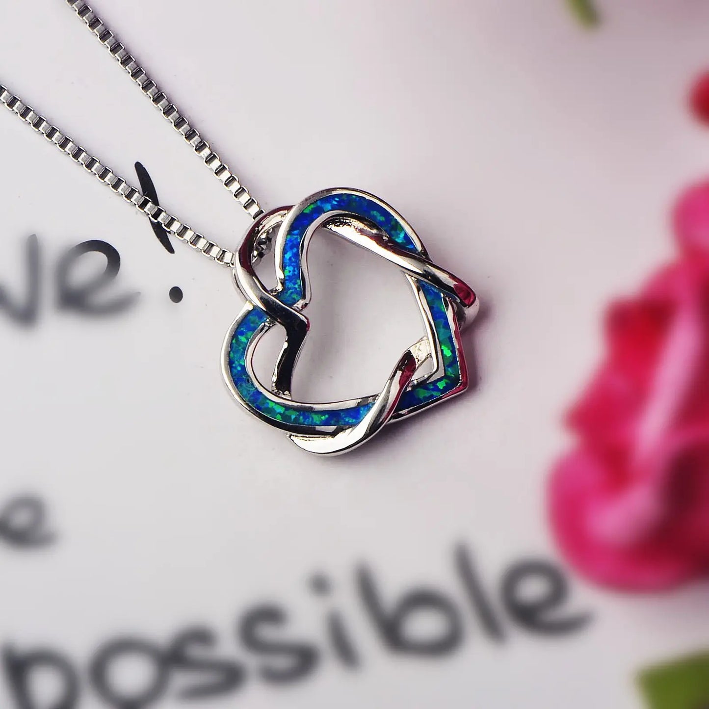 Eternal Intertwined Heart Copper Silver Plated Lariat Opal Pendant-Blue Fire Opal Inlaid Double Heart Design | Romantic Love