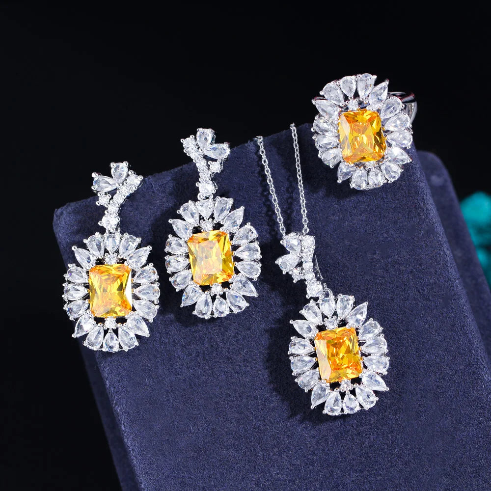 S&S Oval CZ 3-Piece Jewellery Set – Necklace, Earrings & Ring – 7 Colours – Collection