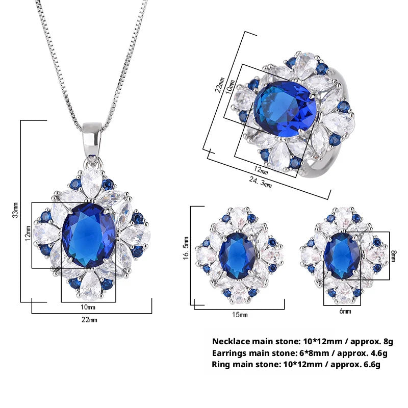Delicate Eco-friendly Copper Dainty Floral Design Necklace Earrings Ring 3PCS Set 10*12/6*8mm Blue Zircon Flower Jewelry Set