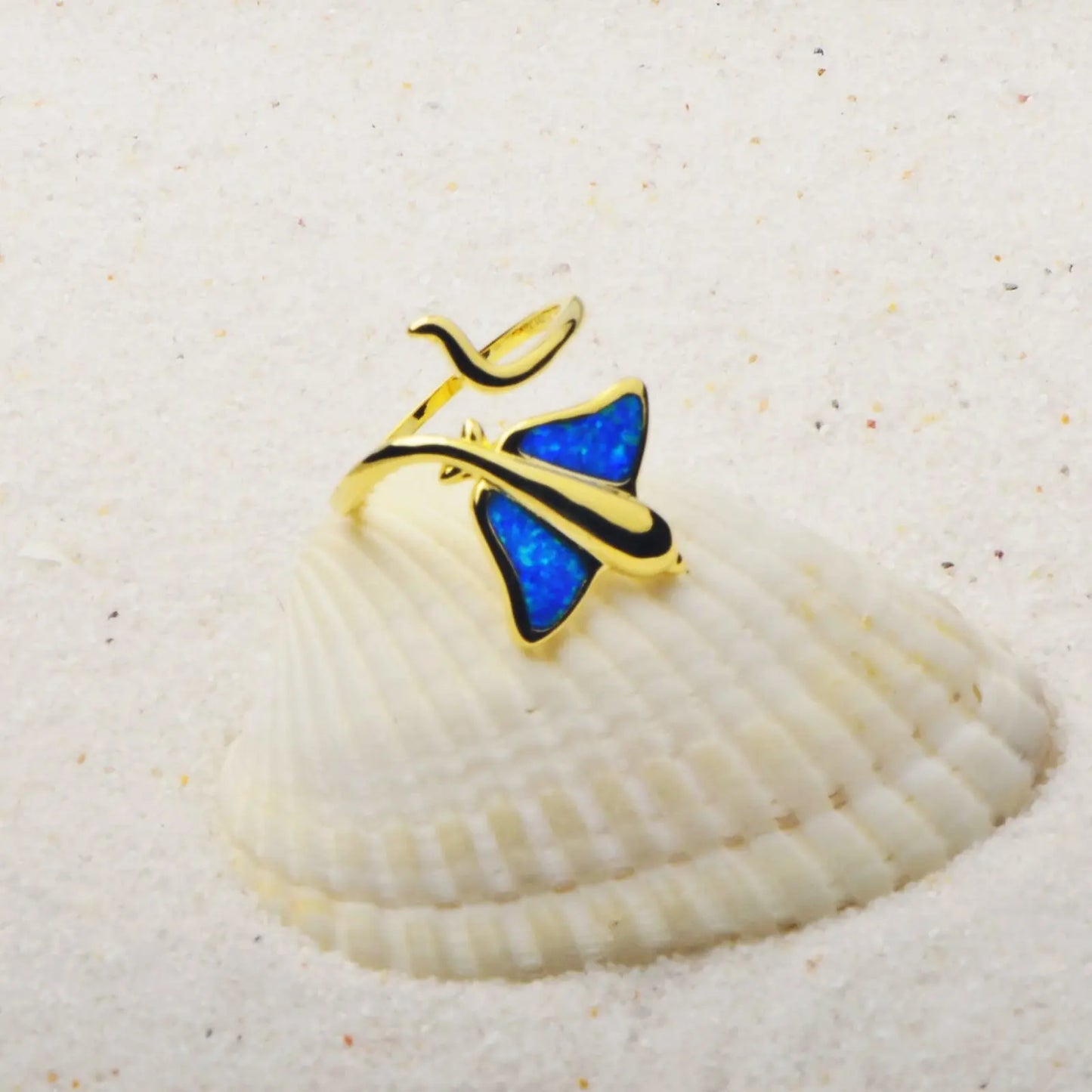 Flower-Shaped Blue Opal Batfish Ring | Iridescent Gem Inlay Band | Modern Silver/Gold Plated Women's Trendy Fashion Jewelry
