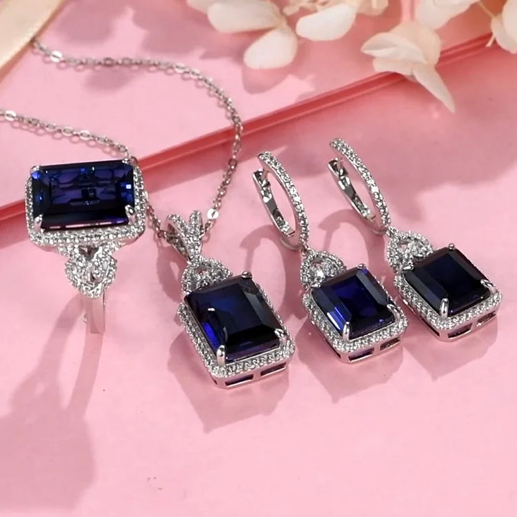 Fine Jewelry Synthetic Blue Sapphire Necklace Sets 2026 Trend America Gift Chain Party Figure Necklaces Pendant for Wedding
