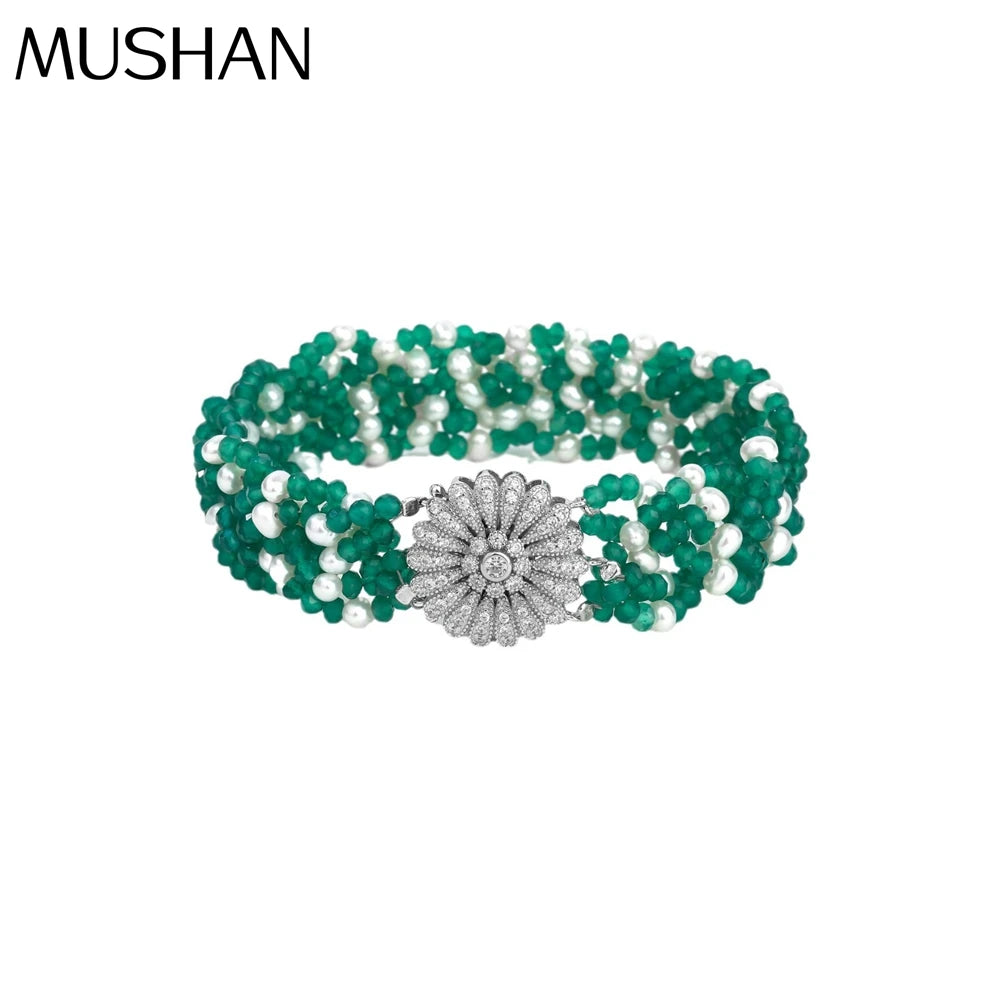 MUSHAN Jewelry Factory S925 Pure Silver Green Agate Bracelet Natural Pearl Light Luxury and High End Accessory