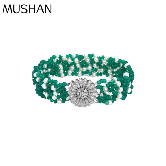 MUSHAN Jewelry Factory S925 Pure Silver Green Agate Bracelet Natural Pearl Light Luxury and High End Accessory