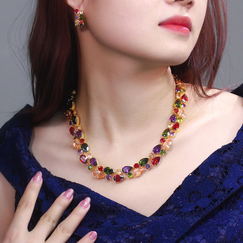 Super Gorgeous Gold Plated Cubic Zircon Necklace and Earrings Mona Lisa Colorful Wedding Jewelry Set for Women Party