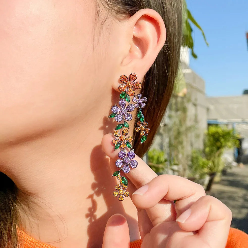 Glittering Multicolor Red Green Cubic Zircon Jewelry Flowers Long Dangling Drop Bridal Earrings for Women Wedding Party