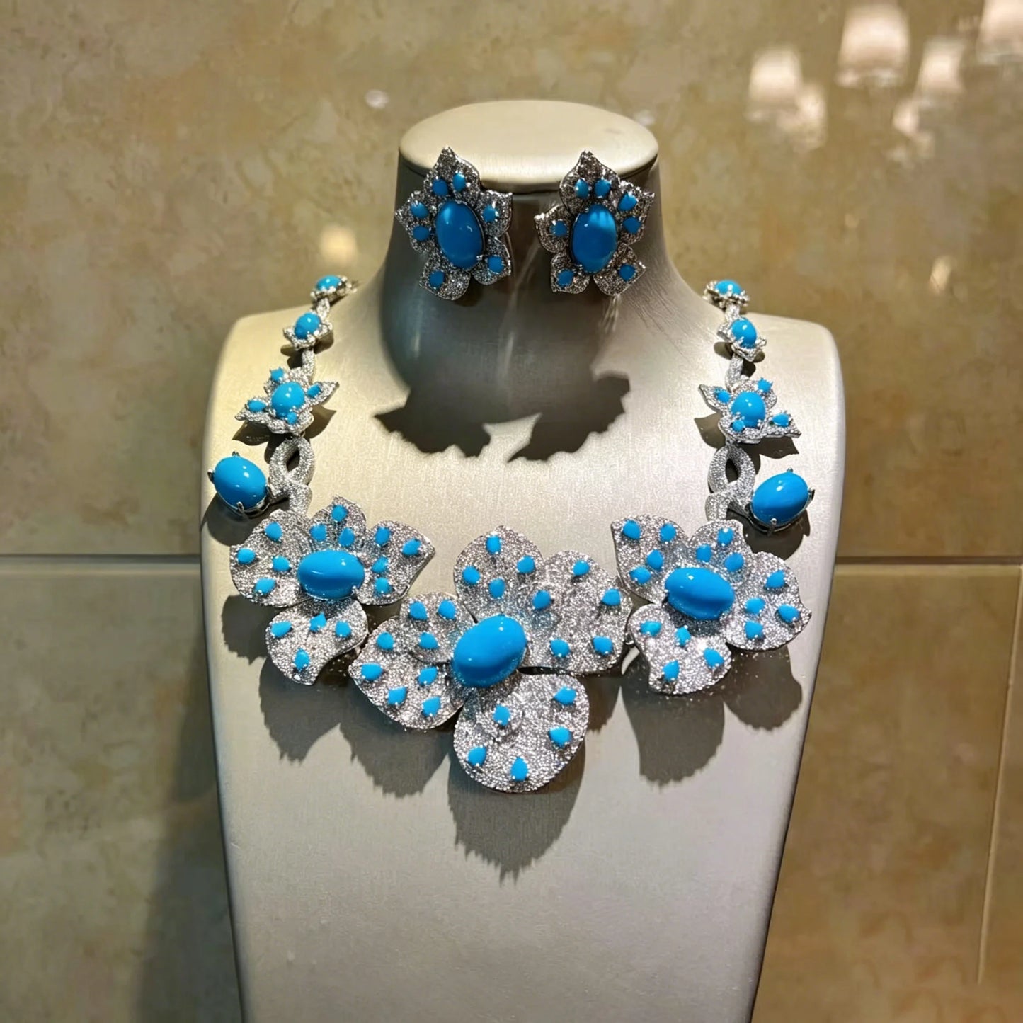 XM S413 Silver Plated Large Floral Turquoise & Rhinestone Choker Necklace & Square Drop Earrings Set