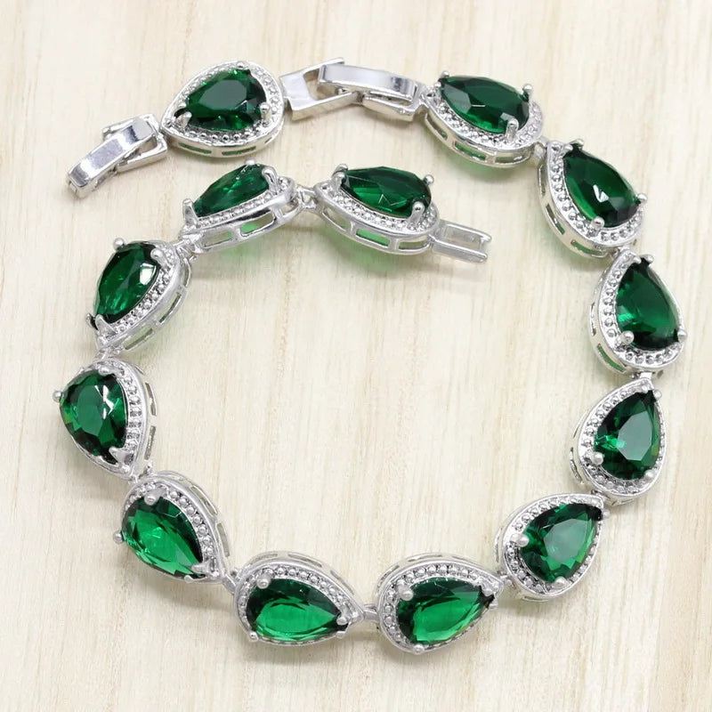 XOTICA Water Drop Zircon Green Stones Jewelry Set Bracelet for Women Platinum Plated Engagement Wedding Party Long Earrings Ring