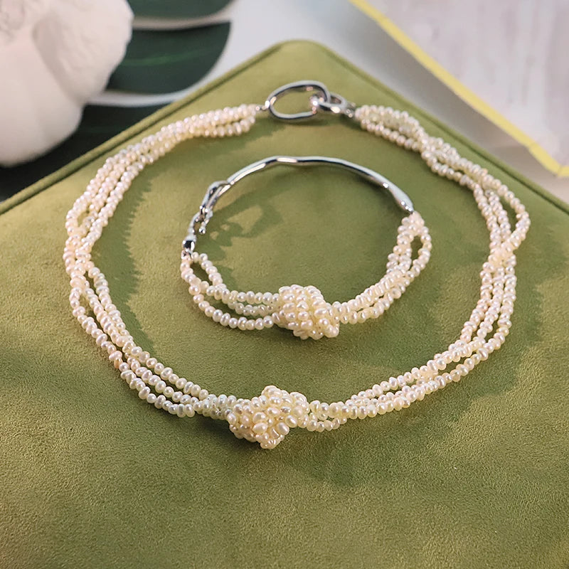 GLSEEVO Natural Freshwater White Pearl Knotted Jewelry Set for Women Wedding Engagement Pearl Necklace Bracelet Dainty Jewelry