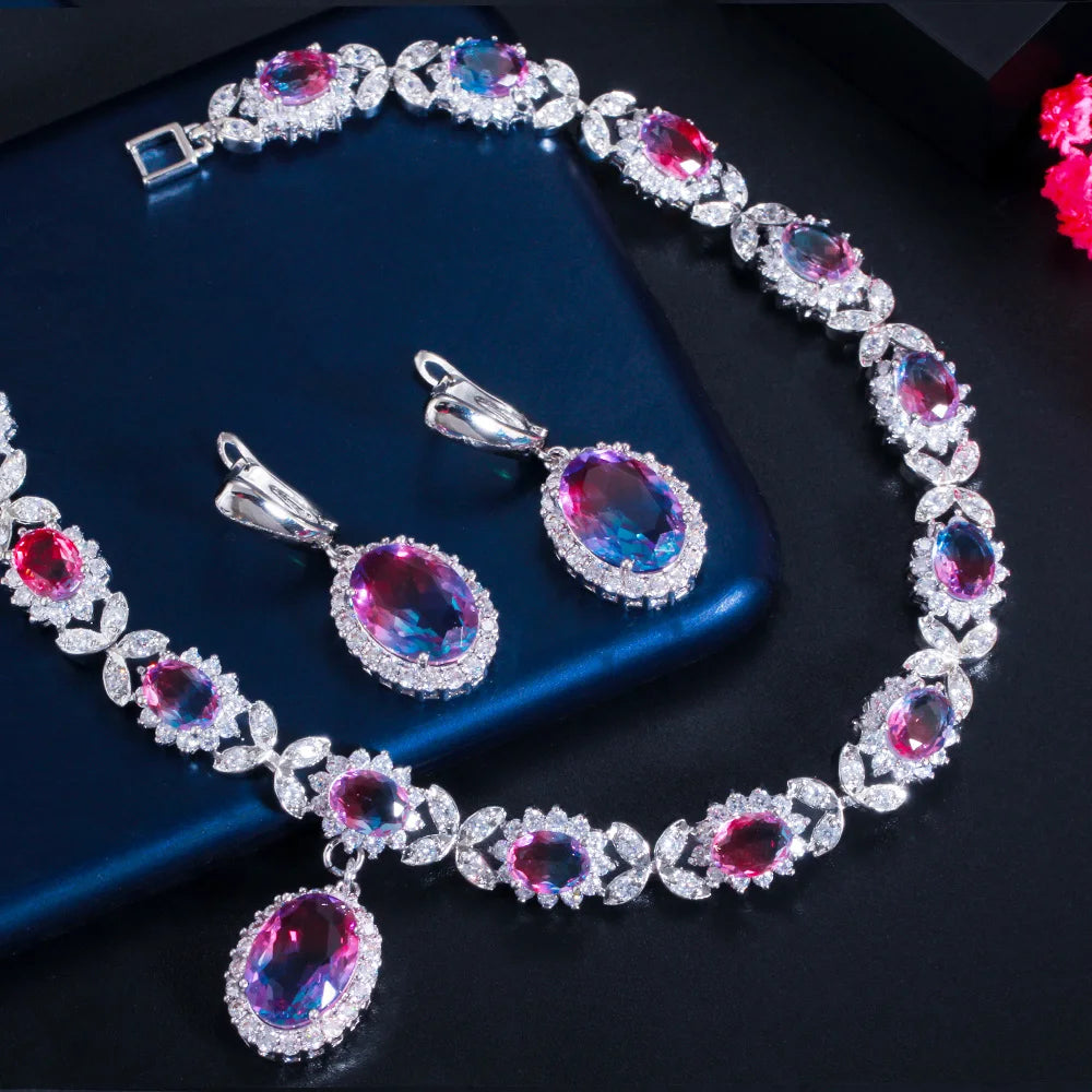 Elegant Mystical Rainbow Cubic Zirconia Crystal Oval Drop Leaf Earrings and Necklace Set for Women Evening Party Jewelry Gift