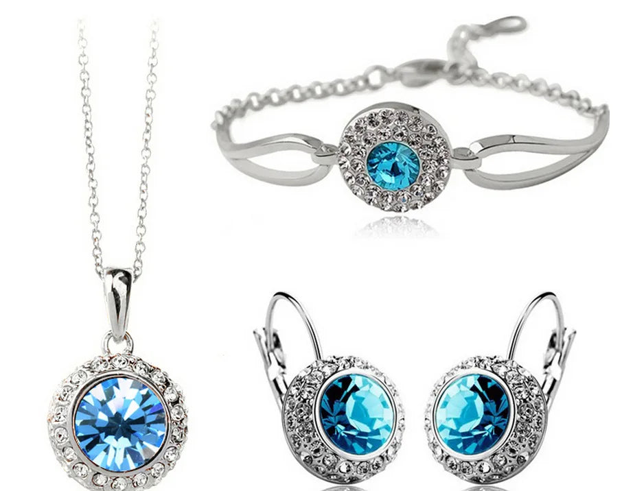 2026 Trendy Gem Stones Earrings/Bracelet/Necklace Big Statement Blue Enamel Vintage Style Gold Plated Jewelry Set for Women