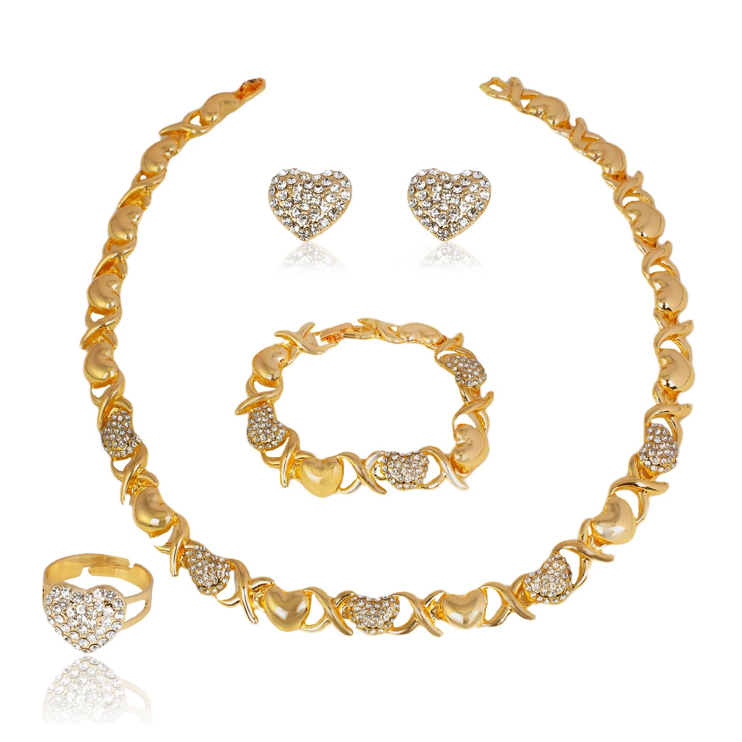 Zhuerrui's New Fashion Dating Jewelry Set of Four Pieces, High-end Gold-plated and Diamond-encrusted Heart, Vibrant and Elegant