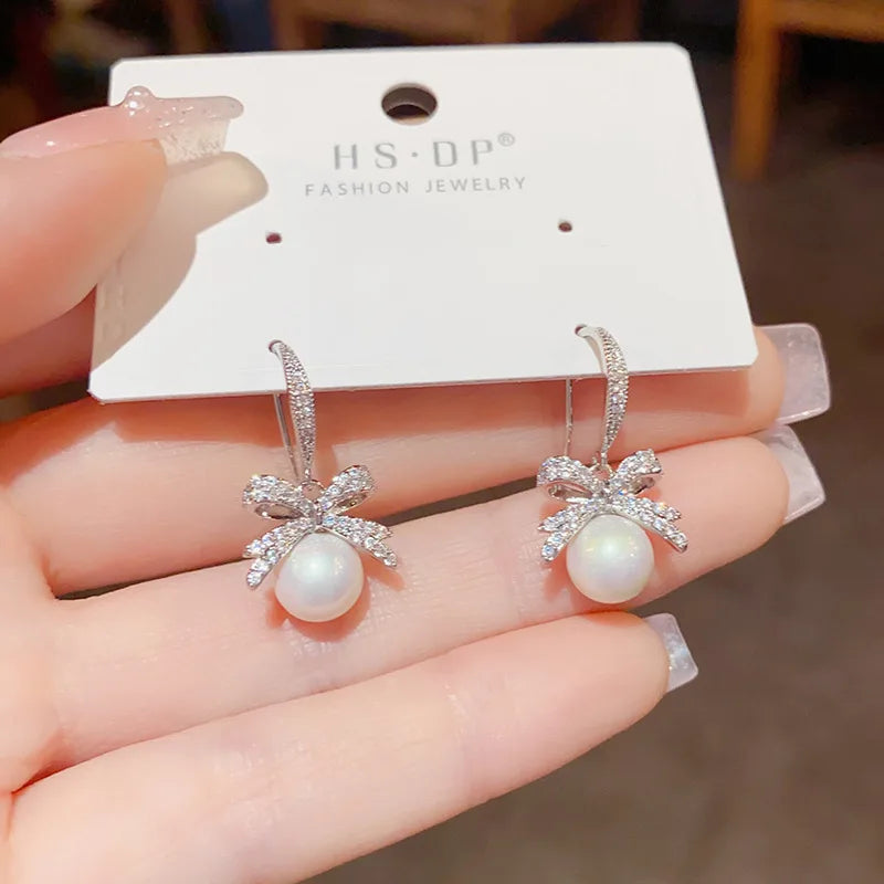 High Quality Fashion Luxury Bow Knot Zircon Necklace and Earrings Set With Pearl Women Real Gold Plated Jewelry Set
