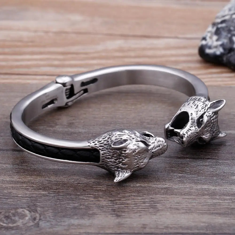 VIKING Mens Punk Wolf Leather & Stainless Steel Bangle – Silver