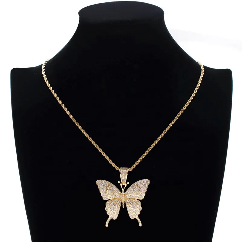 S&S Iced Out CZ Butterfly Pendant Necklace | Gold & Silver | Hip-Hop Jewellery