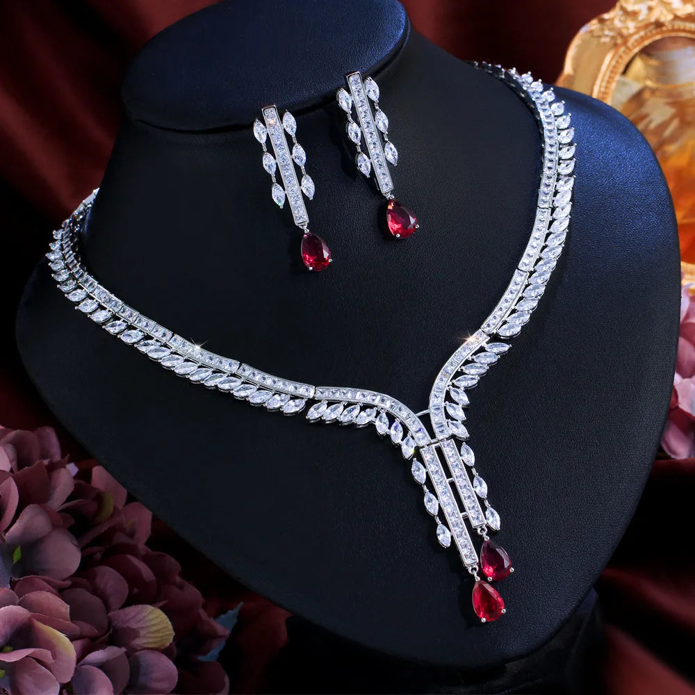 Luxury Pear-Cut Zirconia Ruby Red Tassel Necklace & Earrings Bridal Set — Rhodium Plated
