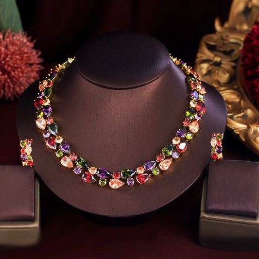 Super Gorgeous Gold Plated Cubic Zircon Necklace and Earrings Mona Lisa Colorful Wedding Jewelry Set for Women Party