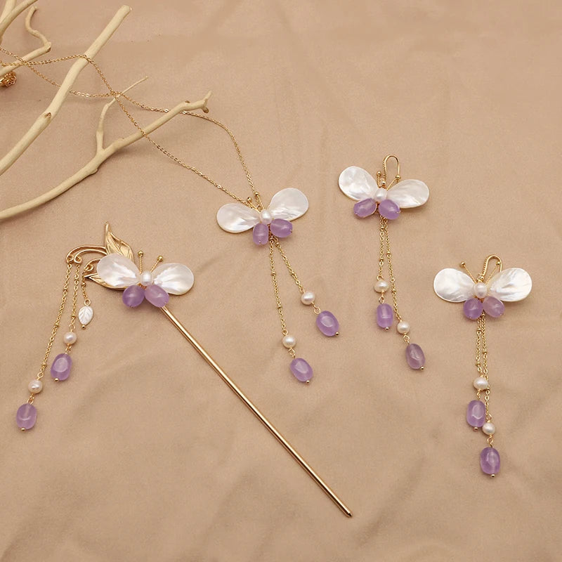 GLSEEVO Amethyst & Shell Butterfly Necklace, Earrings & Hairpin Set — 18K Gold Plated Brass | Vintage Luxury