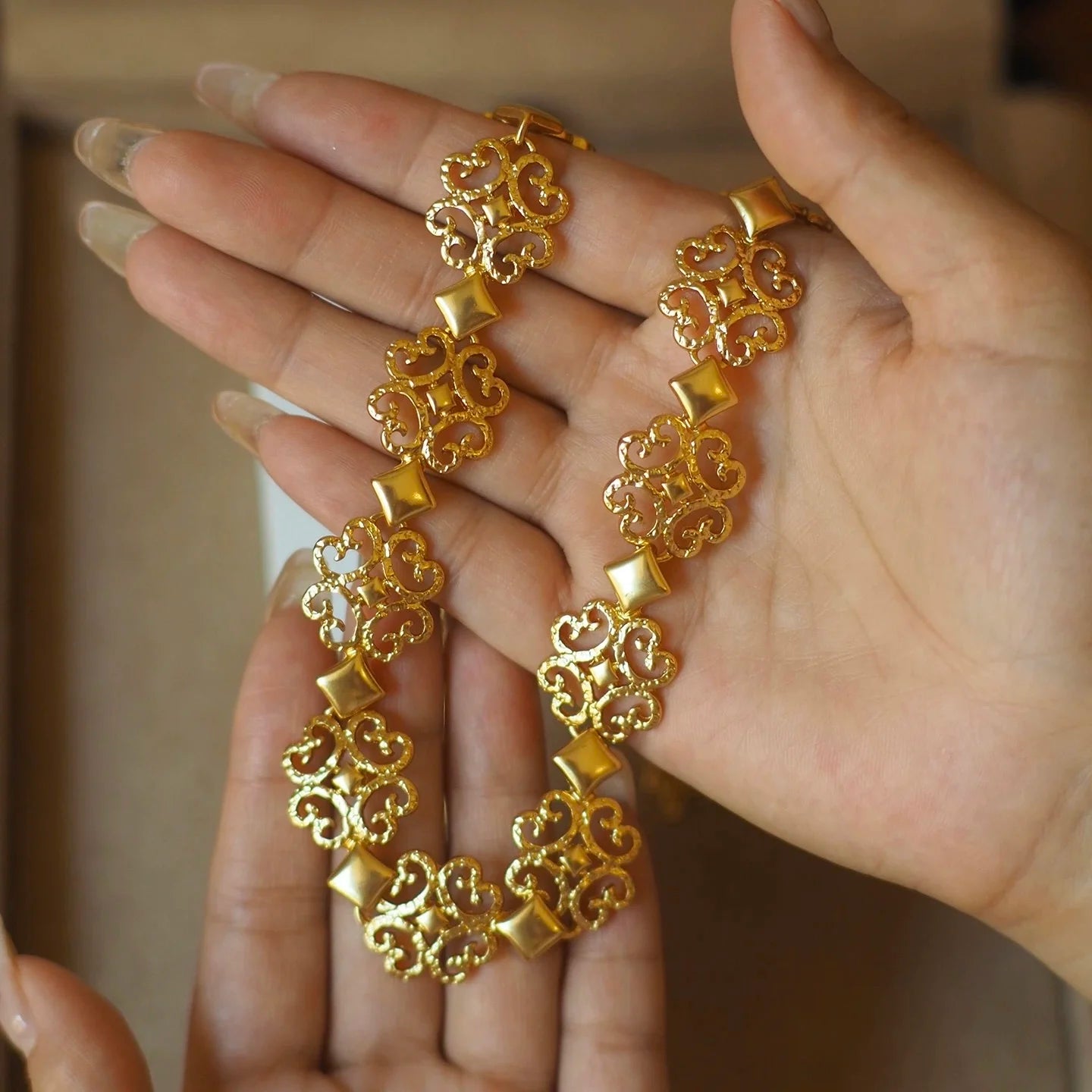 Bella Viva Vintage Filigree Necklace and Earrings, 18K Gold Plated Brass, Fashion Jewelry Set for Women Party, Banquet & Daily
