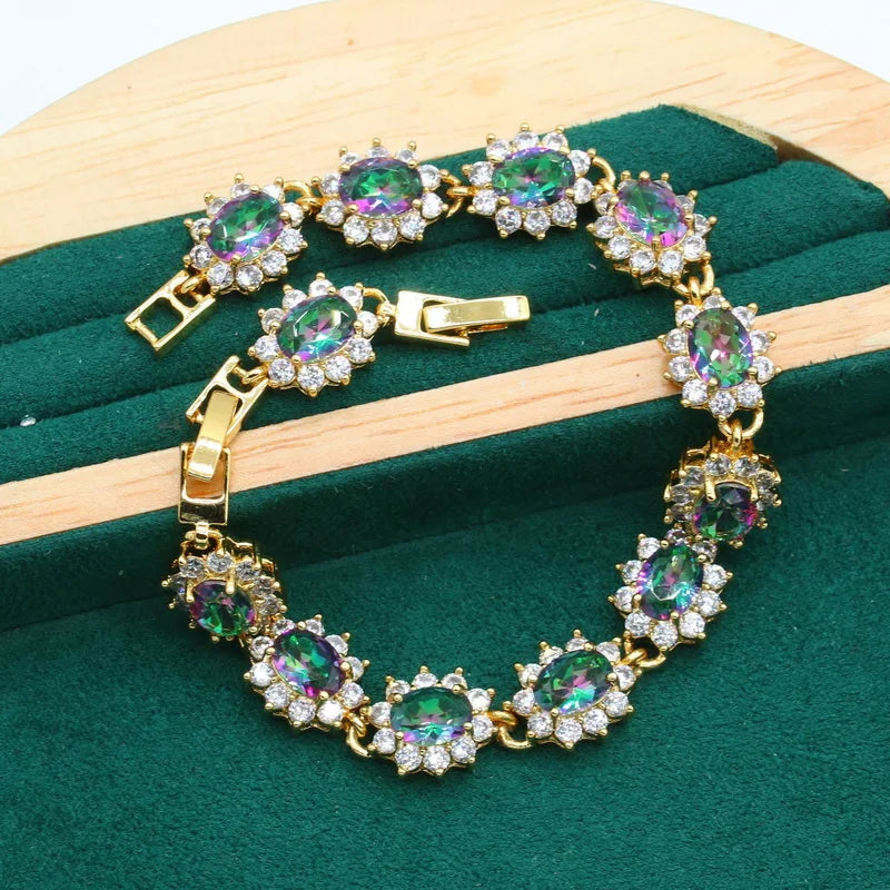 XOTICA Custom Gold Jewellery Set for Women Wedding Rainbow Zircon Bracelet Earrings Necklace Pendant Ring-Dazzling Alloy for Parties