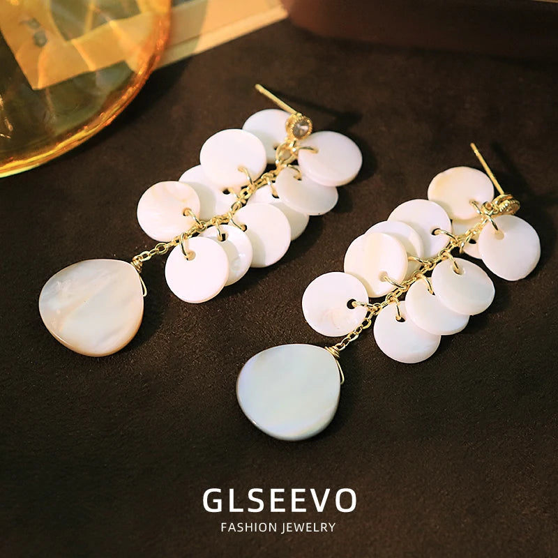 Round Natural Freshwater Shell Tassel Earrings Luxurious Vintage Handmade Earrings Beach Holiday Accessories for Women GE1753