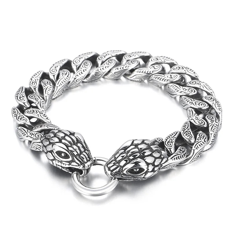 KALEN Men Punk Stainless Steel Ring Clasp Cuban Bracelet With Snake Charms