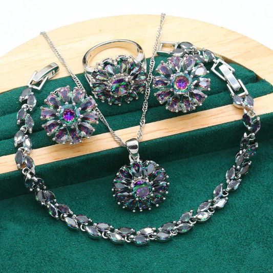 Dubai Jewelry Set for Women Rainbow Zirconia Silver Color for Wedding Party Engagement; Includes Bracelet Hoop Earrings Ring;