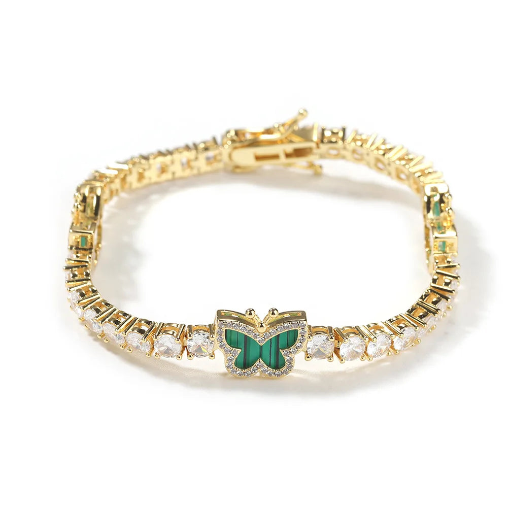 S&S Fashion 4mm Gold Plated Brass Cubic Zirconia Diamond Colorful Butterfly Punk Tennis Bracelet Chain