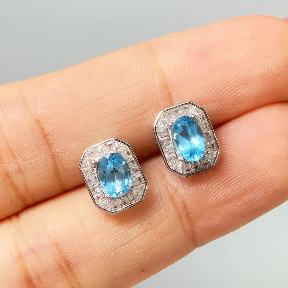 Gioiellieri Natural Swiss Blue Topaz Stud Earrings with S925 Sterling Silver for Women Classic Gemstone Jewelry Birthday Gift for Her Fine
