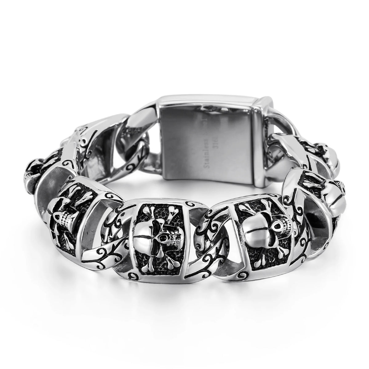 VIKING Mens Punk Skeleton Chunky Cuban Chain Link Bracelet – Silver Stainless Steel