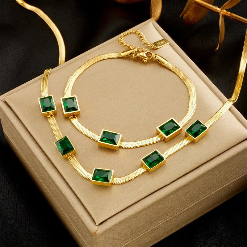 Gold Chain & Green Crystal Necklace & Bracelet Jewellery Set | Colour-Pop Luxury Fashion Set