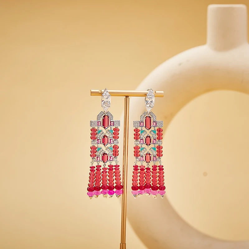 Online Purchase of Red Bead Tassel Necklace Earrings  High-end Inlaid Zircon Handmade Enamel Dubai Fashion Jewelry