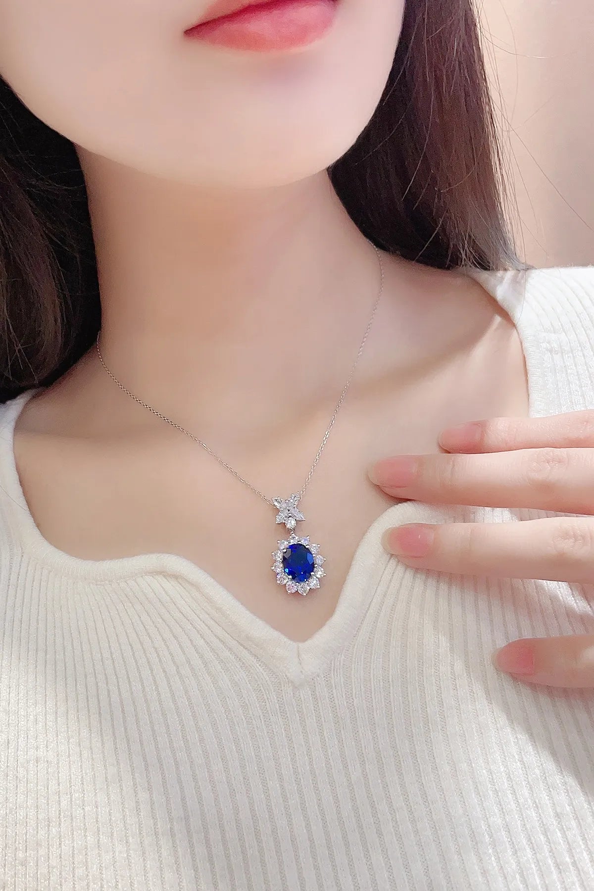 Gemfiori 925 Sterling Silver Lab Grown Gemstone Cobalt Spinel Halo Rhodium Plated Pendant