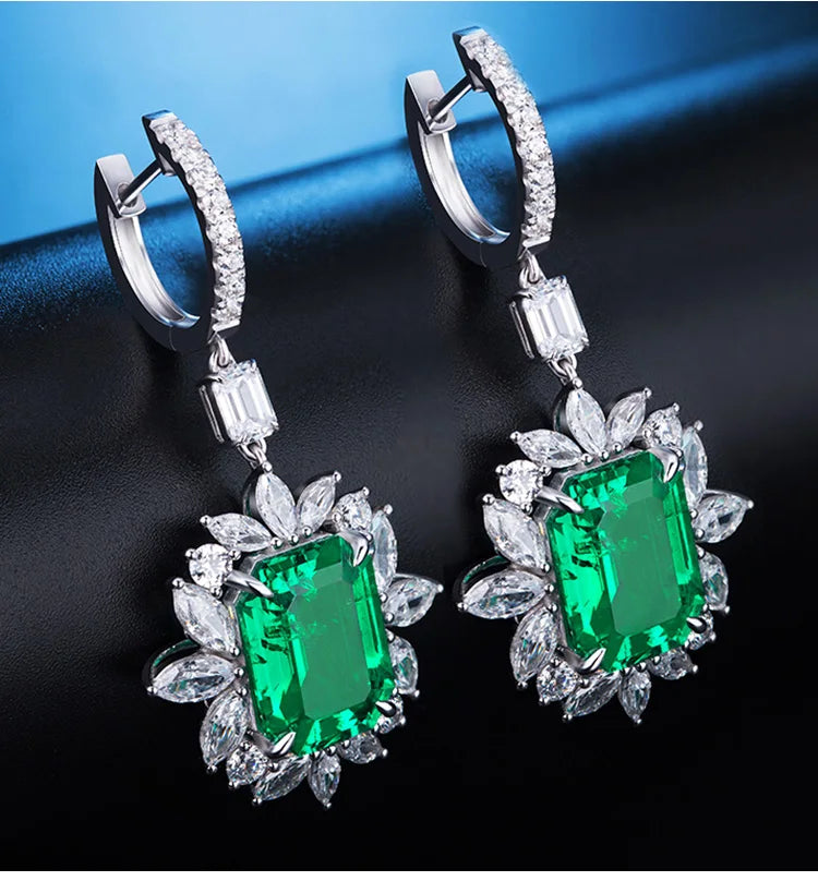 Gemfiori Handmade Vintage High-End K Solid Gold Dangle Drop Earrings Emerald Cut Emerald Statement Studs for Women for Anniversaries