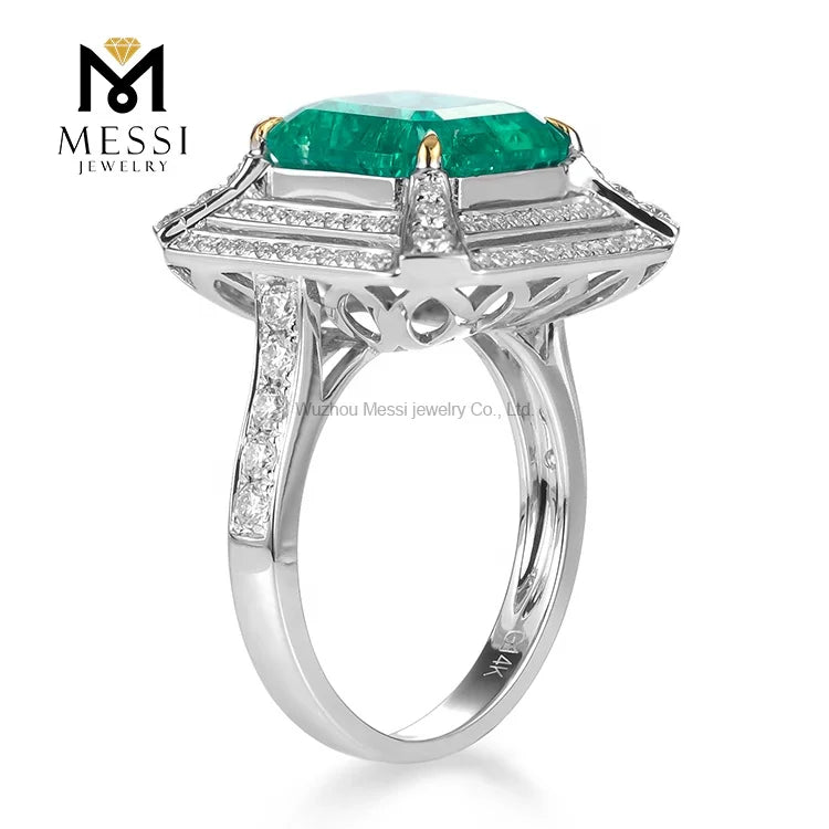Gemfiori Messi Jewelry MSR-251 Luxury Design Emerald Ring for Woman 14k 18k Gold Wedding Engagement Ring Double halo Moissanite Ring