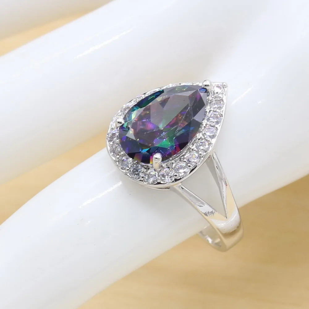 XOTICA Rainbow Zircon 925 Sterling Silver Women's Jewelry Set Wedding Ring Earrings Necklace Bracelet for Party or Christmas Gift