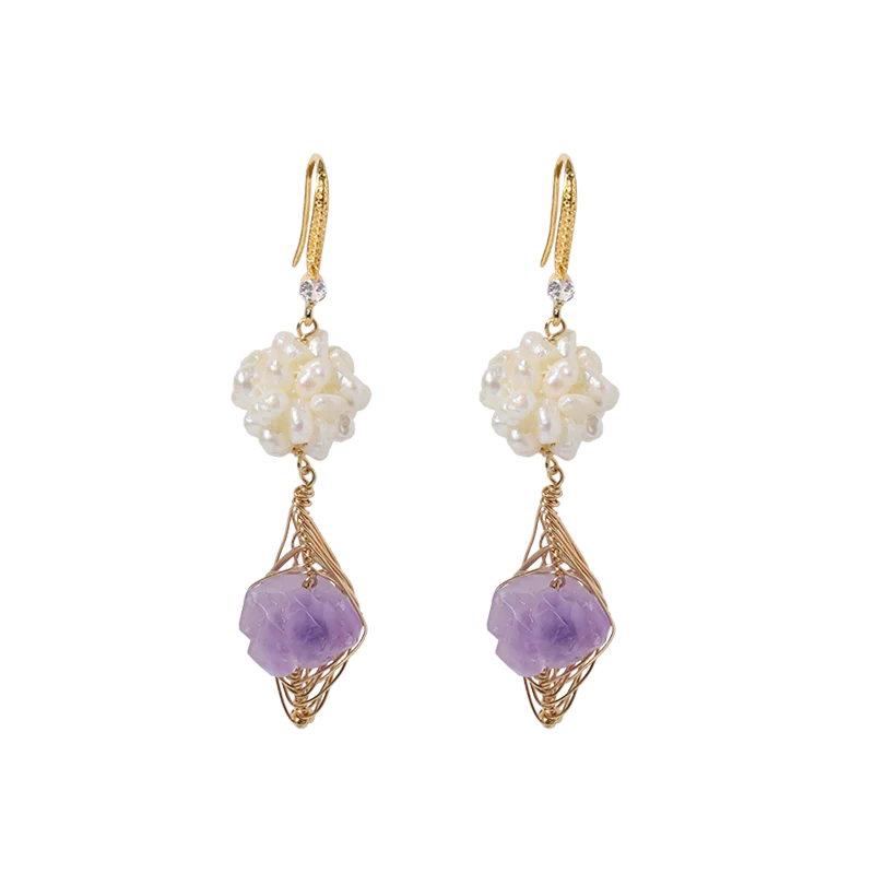 Natural Freshwater Pearl Flower Ball Amethyst Earrings Korean Style Women Luxury Jewelry Fashion Ladies and Girls Gift GE1578