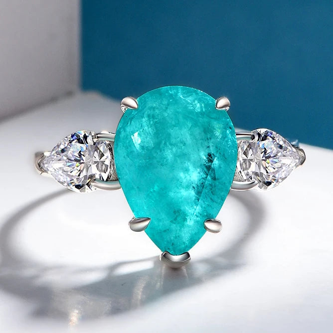MUSHAN 925 Sterling Silver Luxury Pave Setting CMA Certified Waterdrop Zircon Wedding Party Rings Synthetic Paraiba 6ct Blue