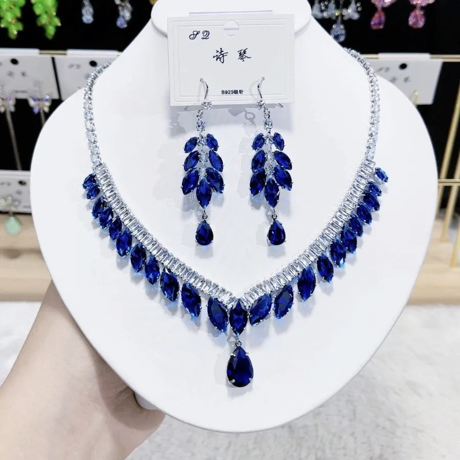 K073 High End Women Trendy Luxury Blue Water Drop Zircon Bridal Necklace Earrings Set Wedding Elegant Jewelry Set