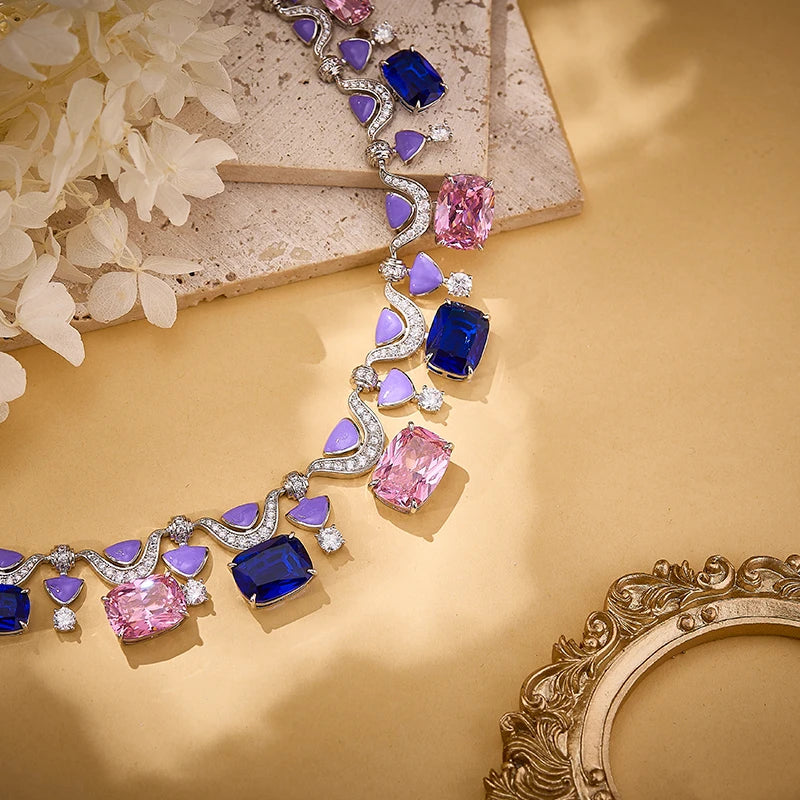 Brass pink Blue Necklace Earrings Two-piece Set Heavy Craftsmanship Texture Inlaid Zircon Low-temperature Enamel Women's Jewelry