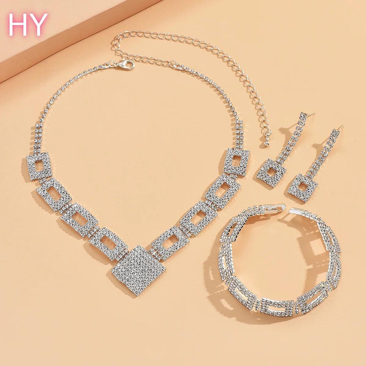 HY   New Luxury Full Diamond Rhinestone Crystal Jewelry Set for Women Trendy Square Earrings Necklace Bracelet Link Wedding