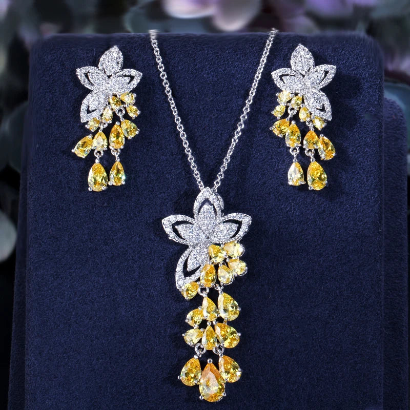 High Quality Geometric Flower Design Cubic Zirconia Crystal Women Rose Gold Color Tassel Earrings Necklace Pendant Jewelry Sets