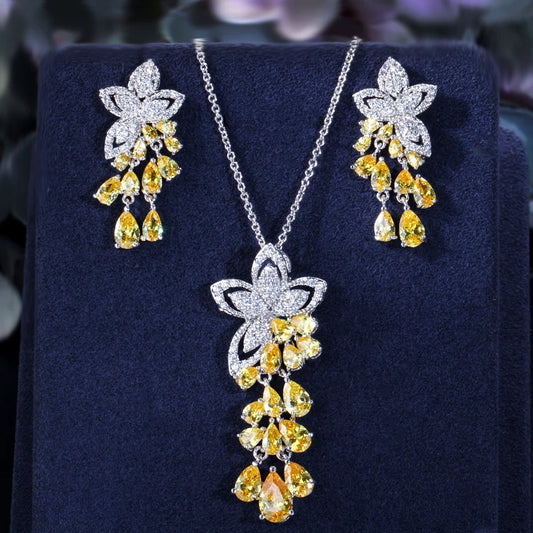 High Quality Geometric Flower Design Cubic Zirconia Crystal Women Rose Gold Color Tassel Earrings Necklace Pendant Jewelry Sets