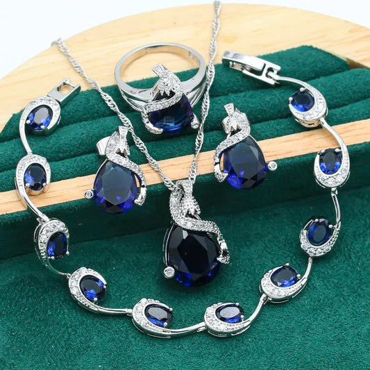 Silver Dubai Jewelry Set for Women Royal Blue Semi-Precious Bracelet Earrings Necklace Pendant Ring-for Parties Weddings