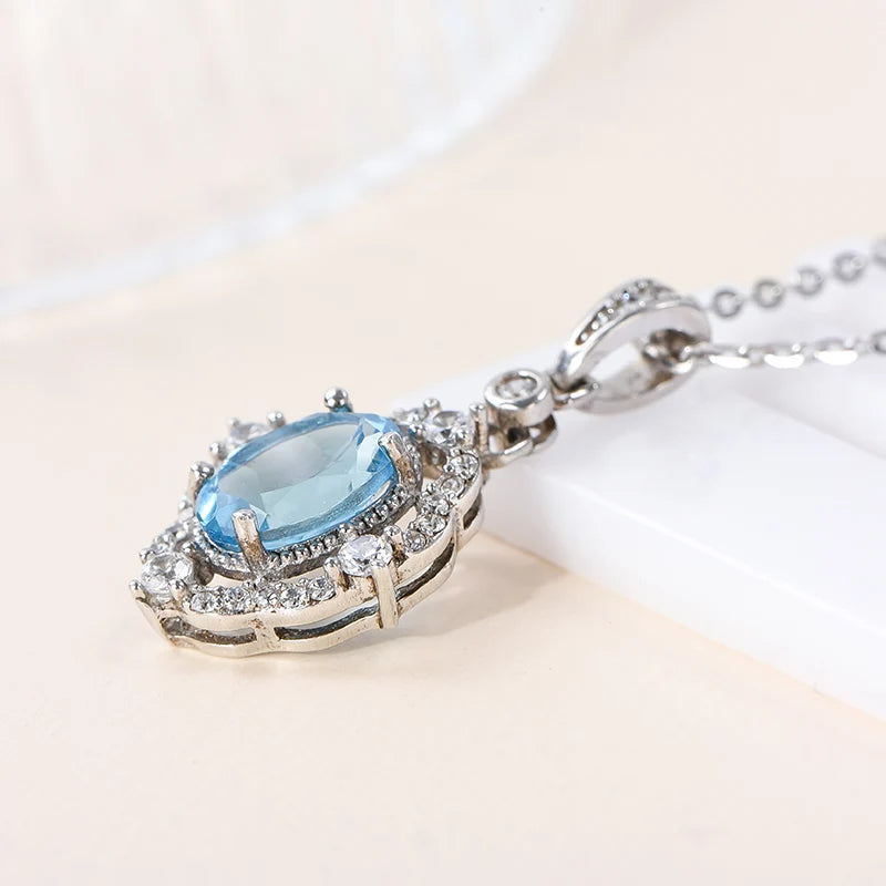 Gioiellieri High Quality Rhodium Plated 925 Silver Oval Cut Natural Topaz Crystal Women's Pendant Fashion Everyday Wear
